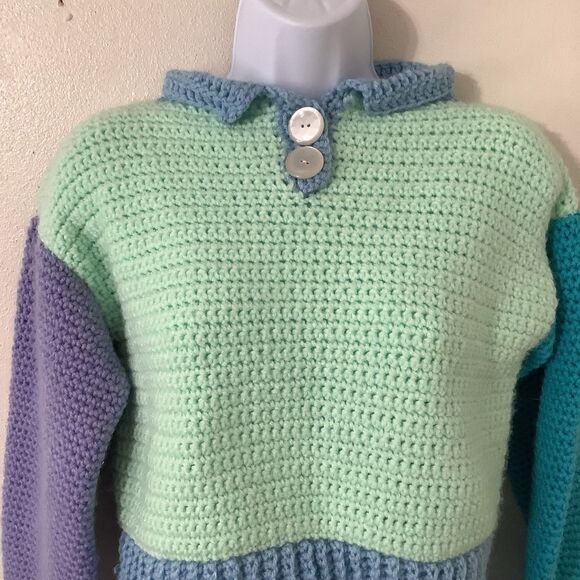 Handmade Knitted Pastel Color Block Preppy Autumn Fall Knit Collared Sweater XS - Picture 2 of 8
